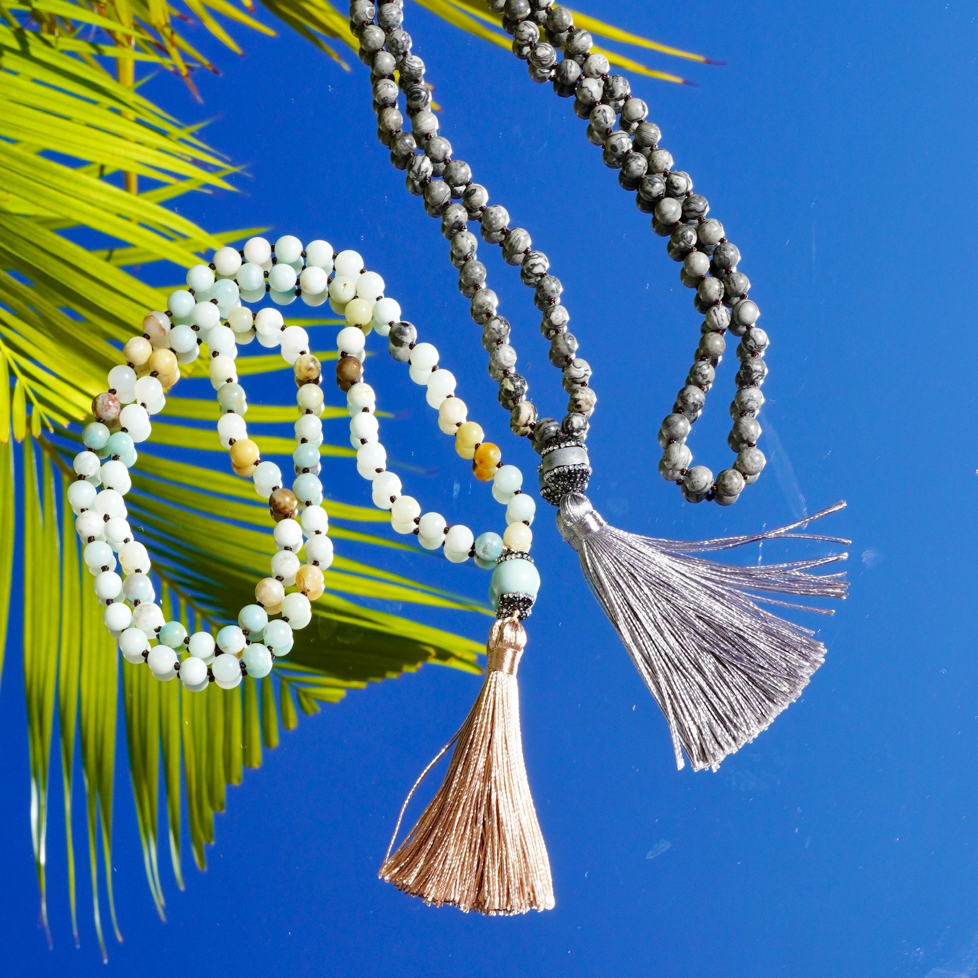 Hand Knotted Amazonite Necklace it has an Embellished Beads and Silk Tassel