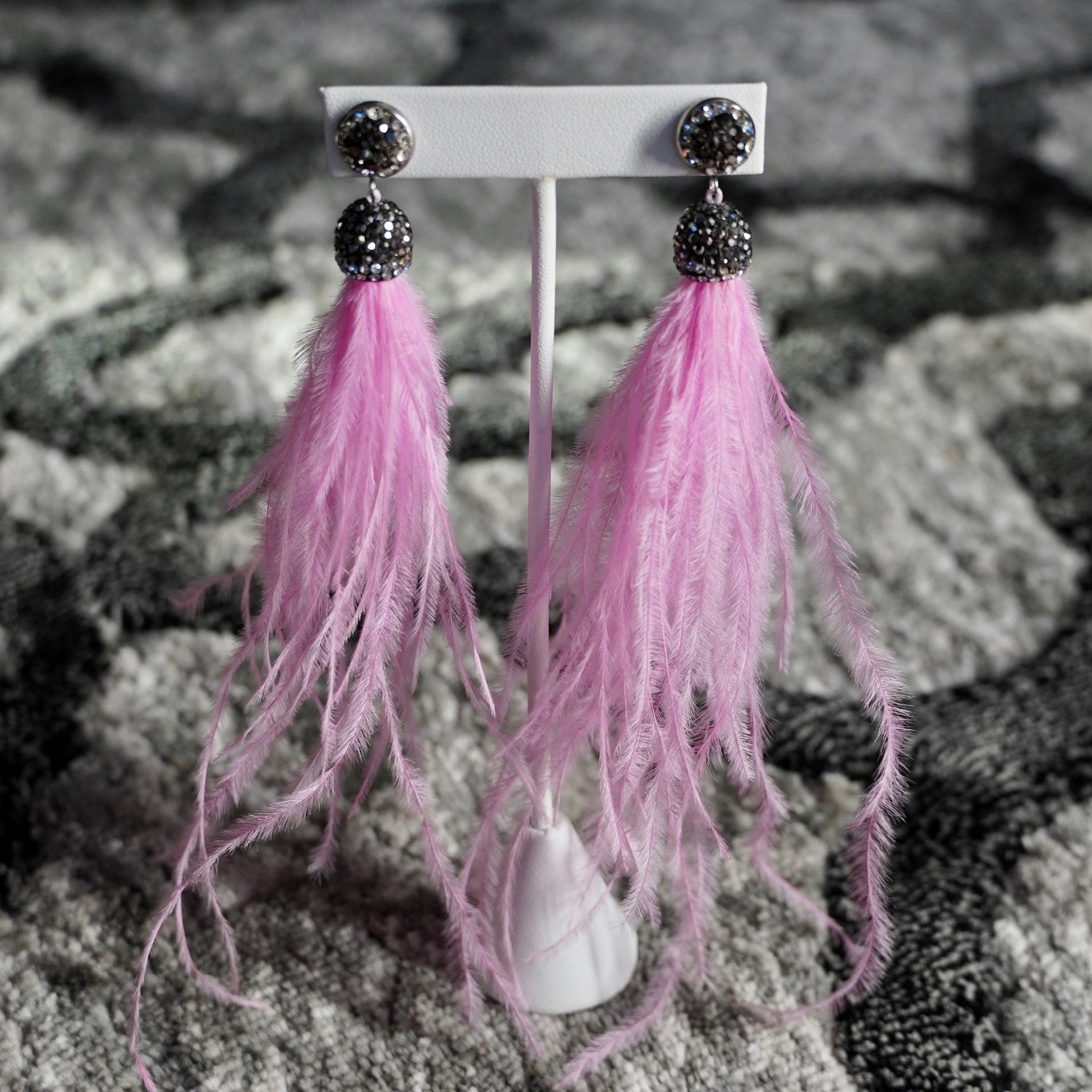 Cute Pink Feather Earrings Embellished with Pave Crystals