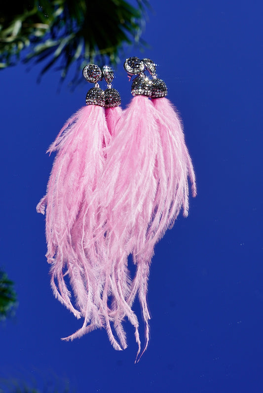 Pink Feather Earrings Embellished with Pave Crystals