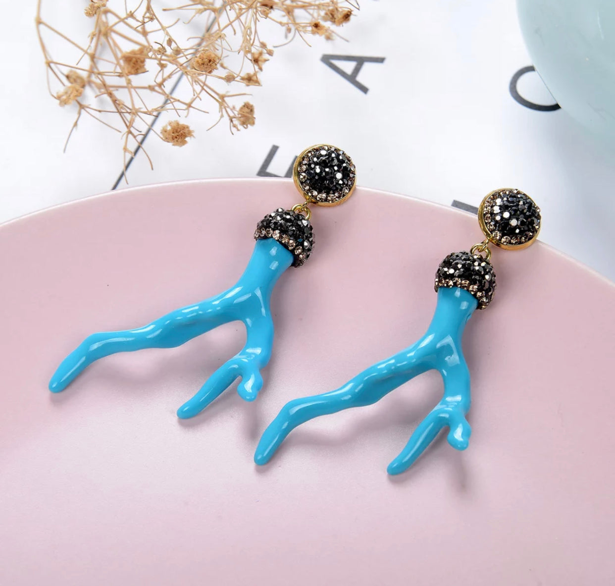 Turquoise  Acetate Coral Branch Earrings with Pave Embellished