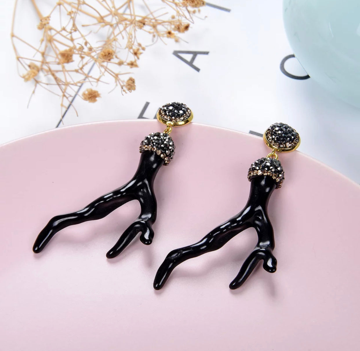 Black  Acetate Coral Branch Earrings with Pave Embellished