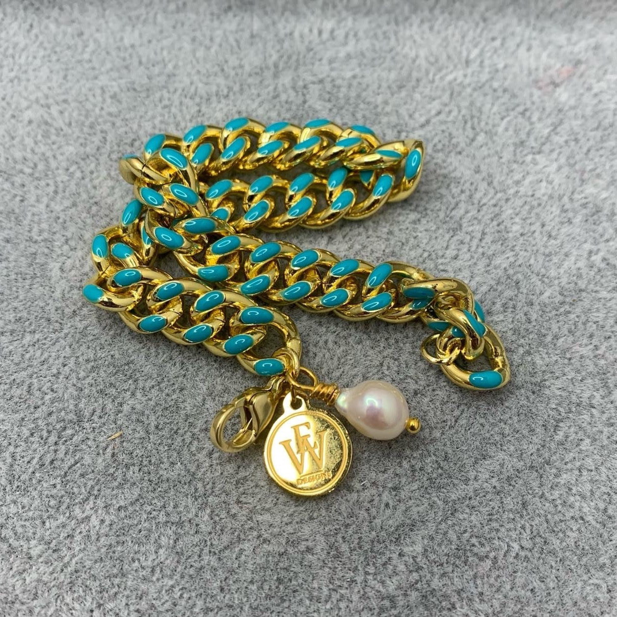 14k Gold Plated Brass Chain Embellished with Turquoise Enamel Bracelet