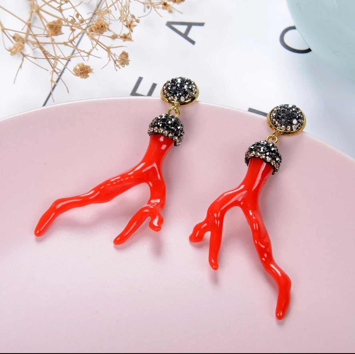 Red Acetate Coral Branch Earrings with Pave Embellished