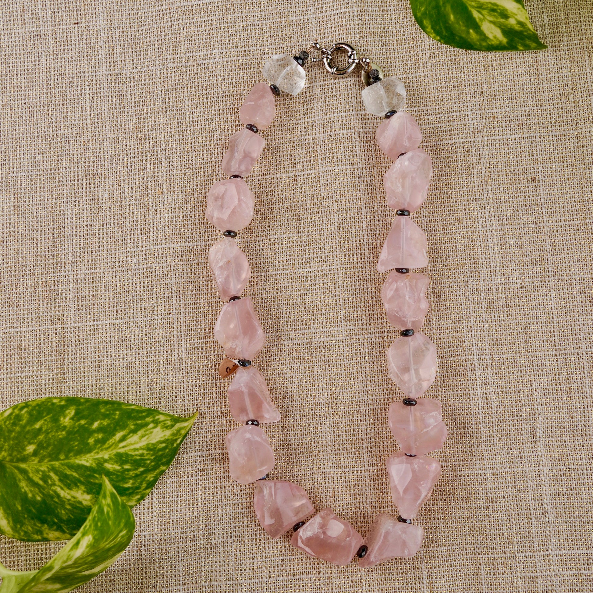 full view of rose quartz necklace