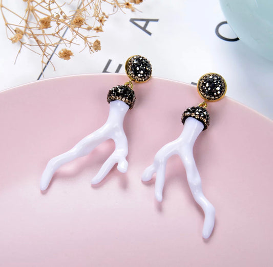 White  Acetate Coral Branch Earrings with Pave Embellished