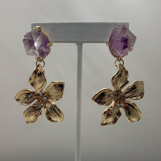Gold Plated Earrings made out of Faux Amethyst Druzy and Flower Charm