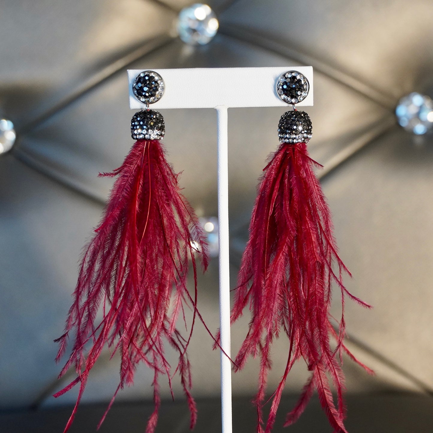 Burgundie Feather Earrings Embellished with Pave Crystals