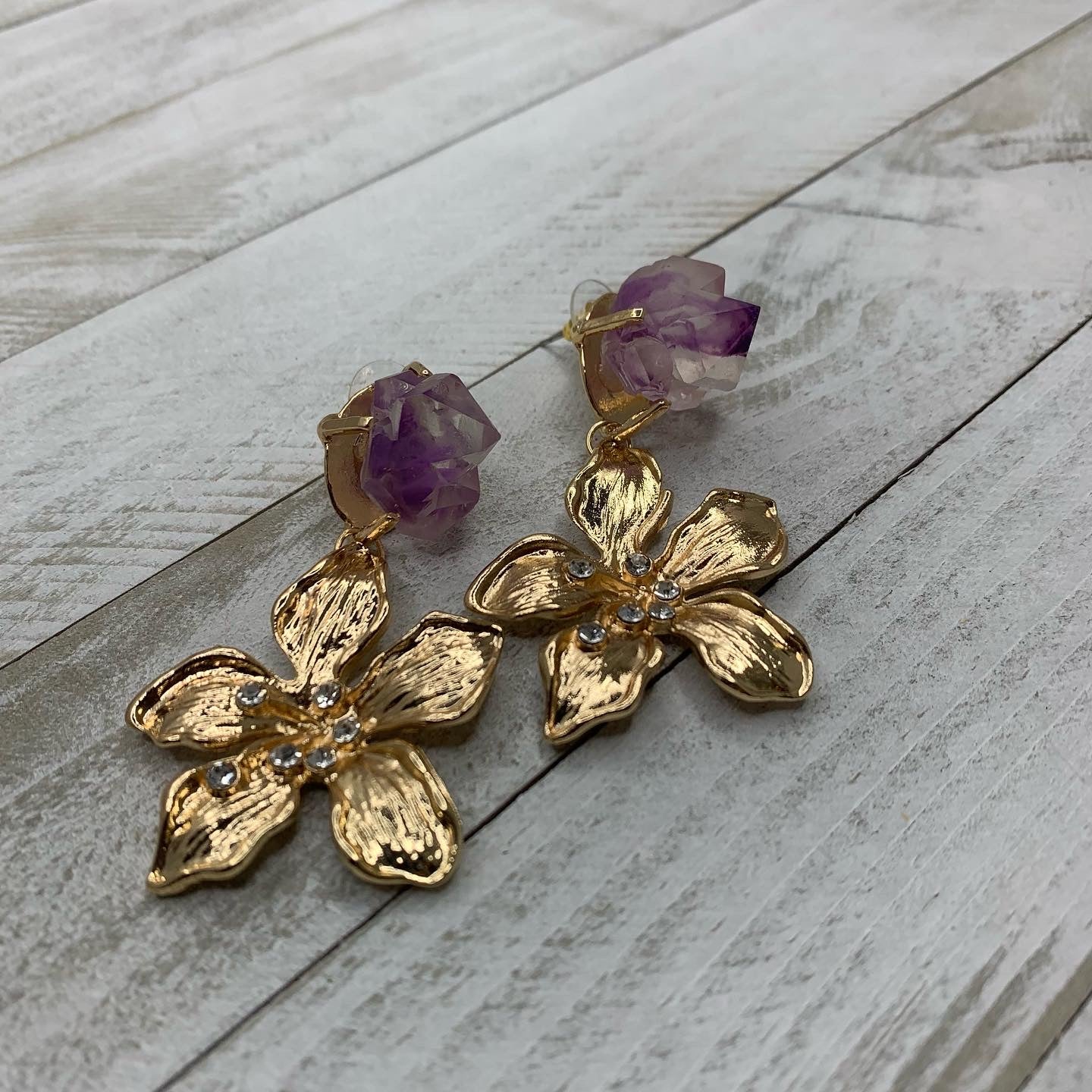 Gold Plated Earrings with Faux Amethyst Druzy and Flower Charm