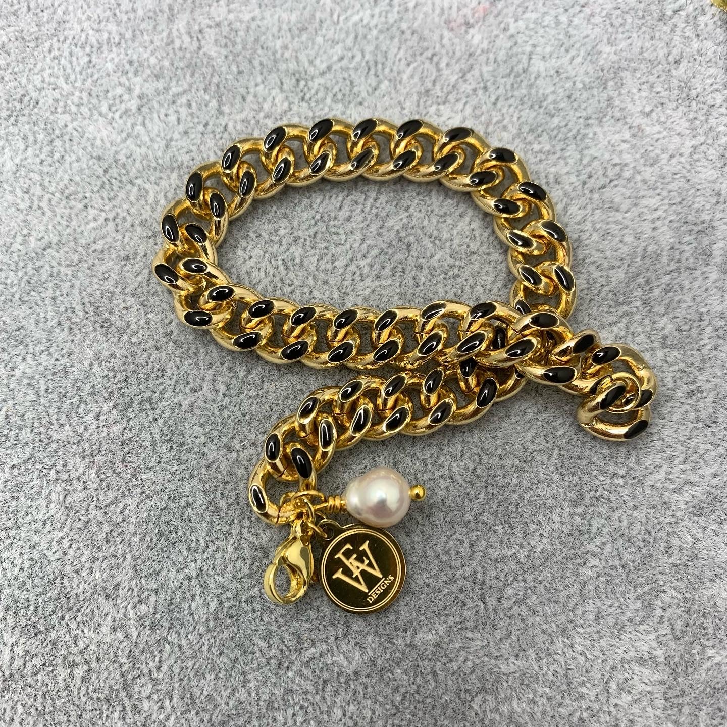 14k Gold Plated Brass Chain Embellished with Black Enamel Bracelet