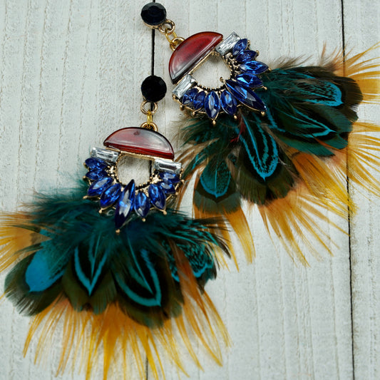 Aztec Peacock Feather with Maroon and Sunset Earrings 240-1 | Erika Williner Designs
