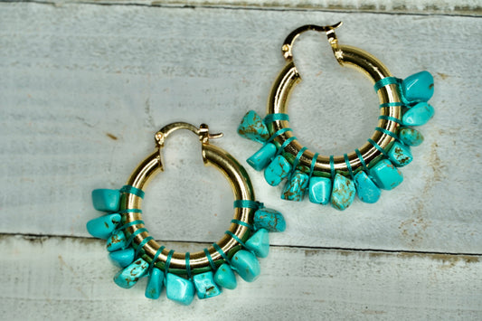 Gold Hoops with Turquoise Stone Embellishment