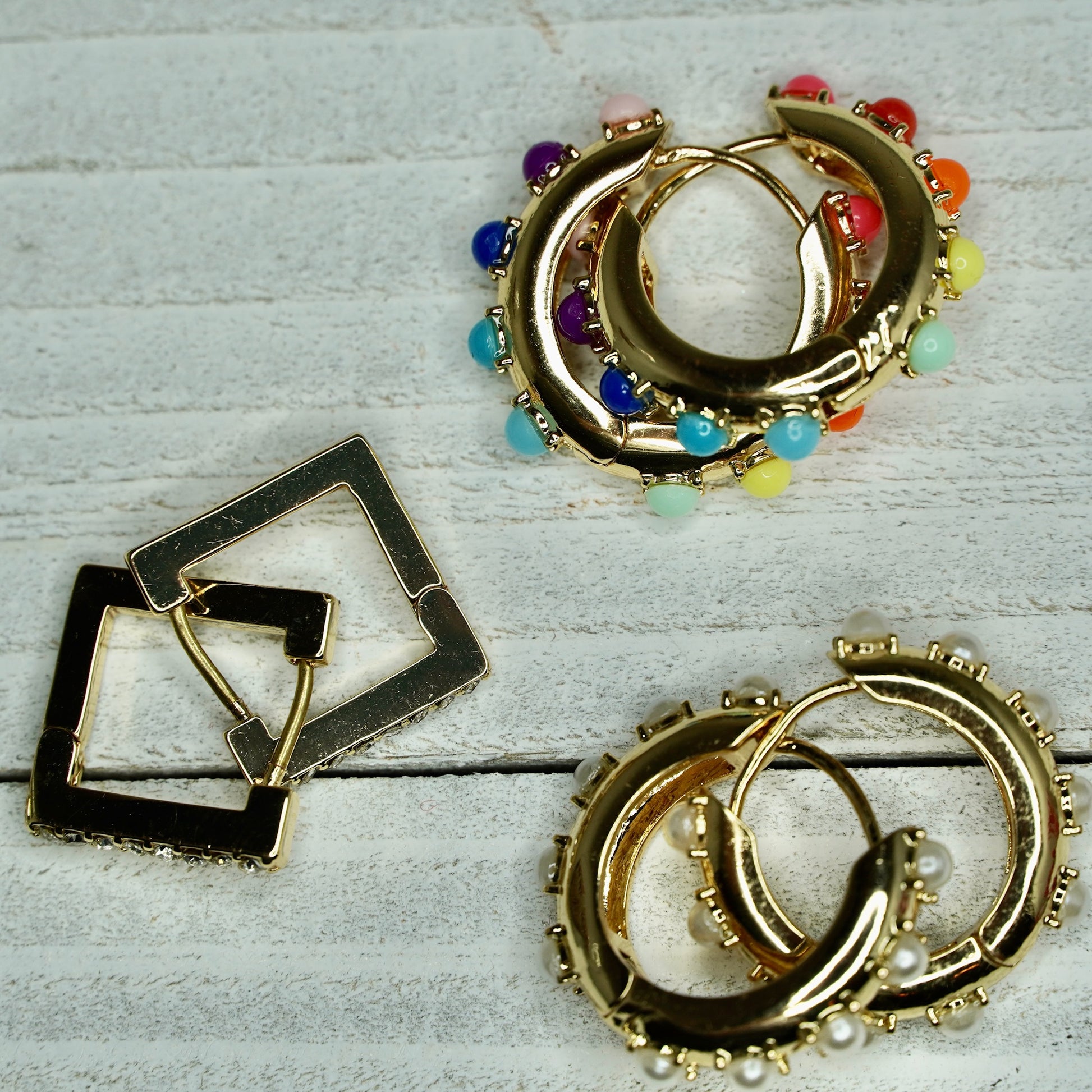 Square, Multi-colored, or Round Pearl Gold Hoops