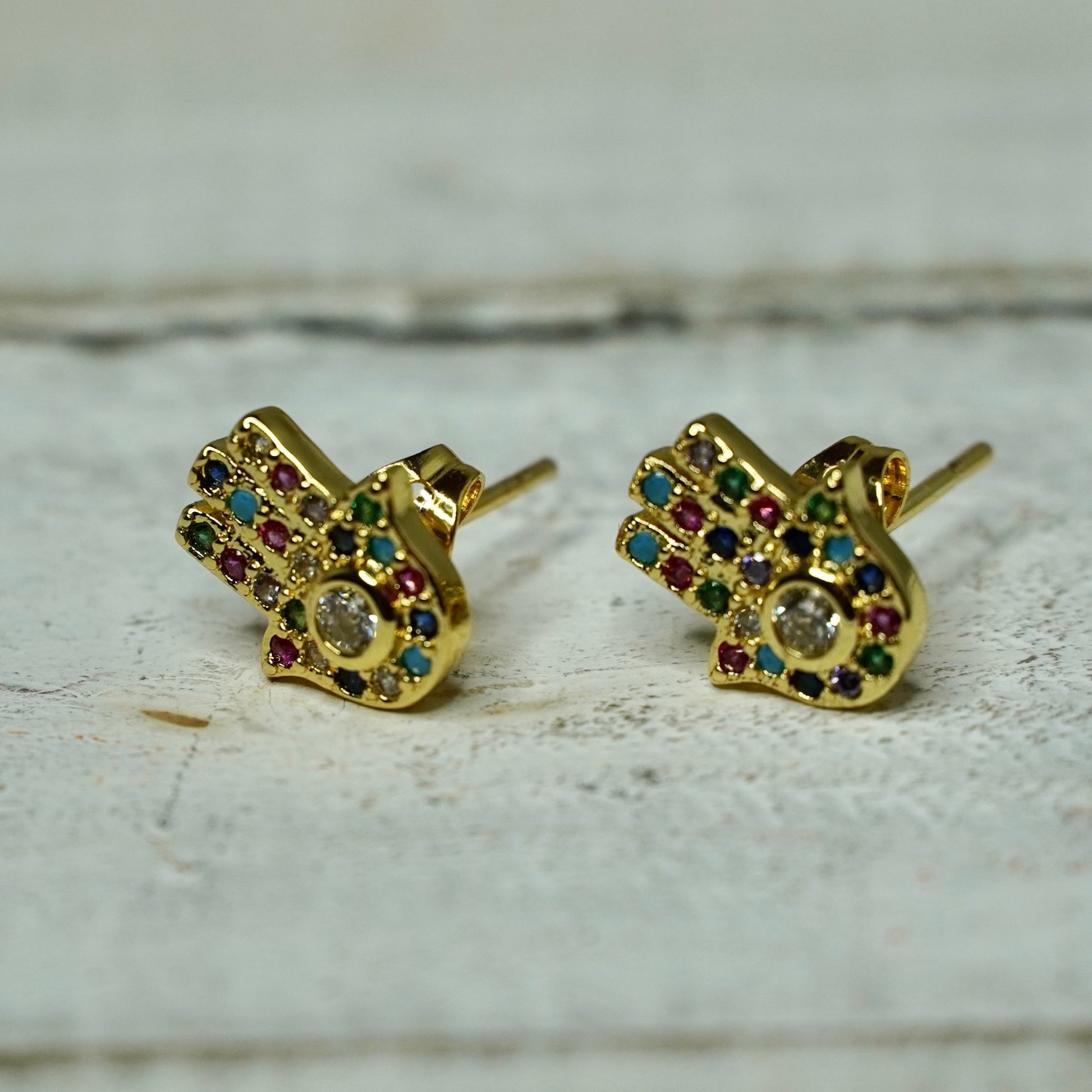 Gold Plated Hamsa Shape Earrings with Small Multicolored Pave in Stud