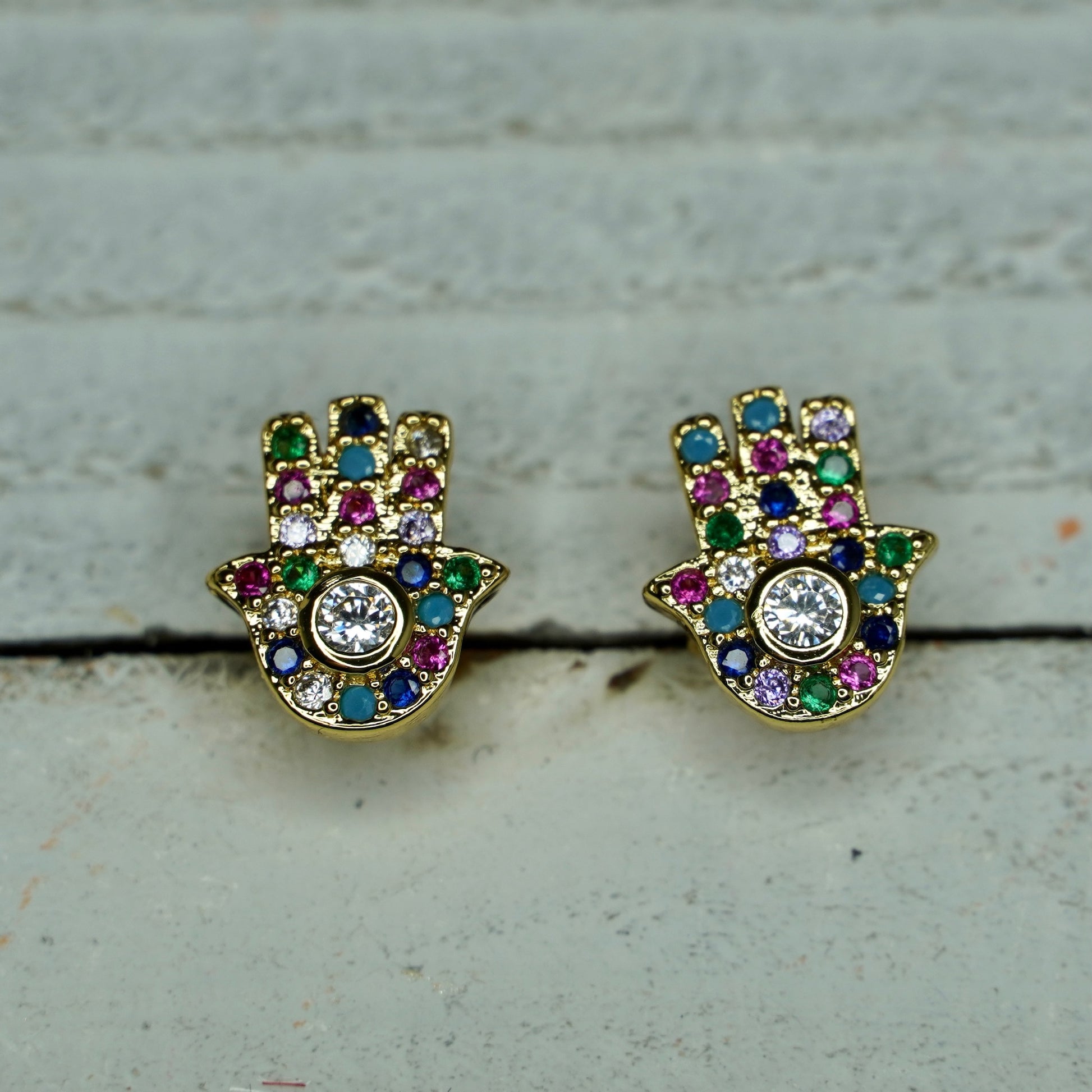 Gold Plated Hamsa Shape Earrings with Small Multicolored Pave and Crystals in Stud