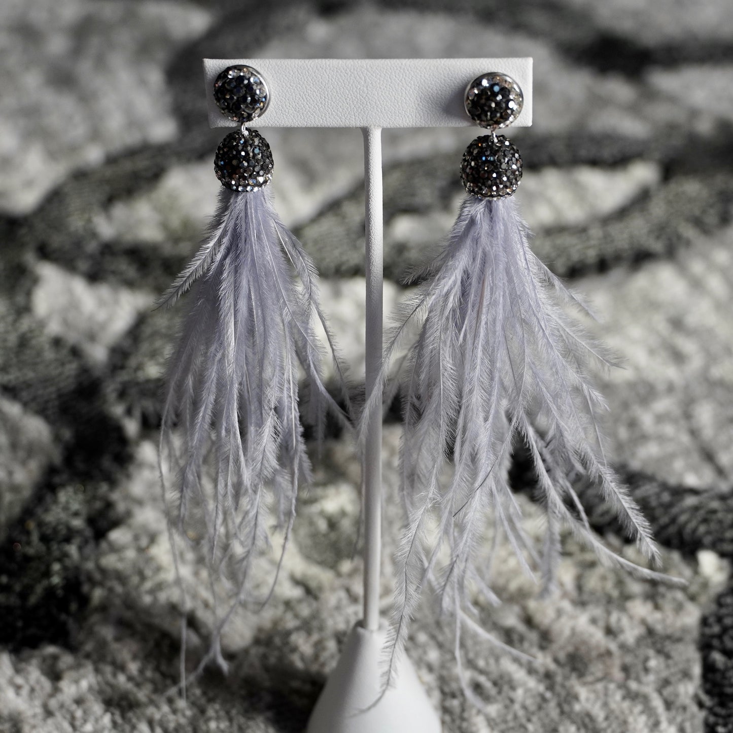 Gray Feather Earrings Embellished with Pave Crystals