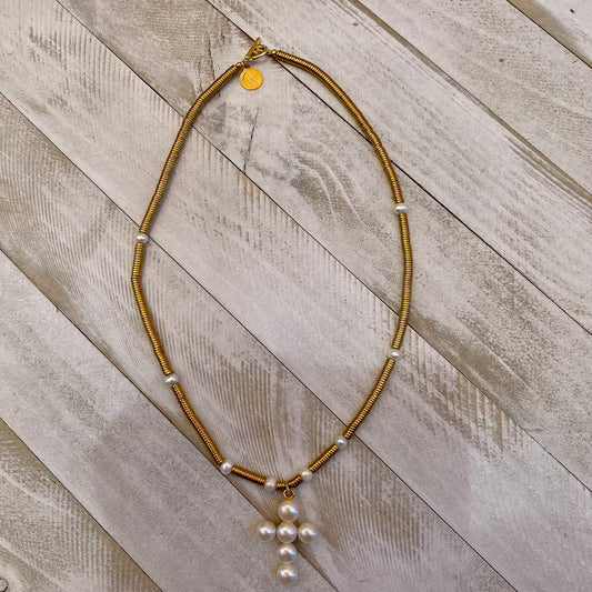 Gold Electroplated Hematite Discs and Fresh Water Pearls Necklace with a Cross as Pendant