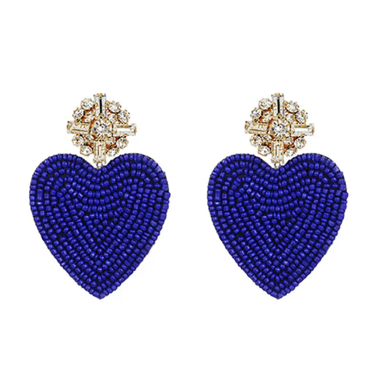 Blue Bling Beaded Heart Earrings 
