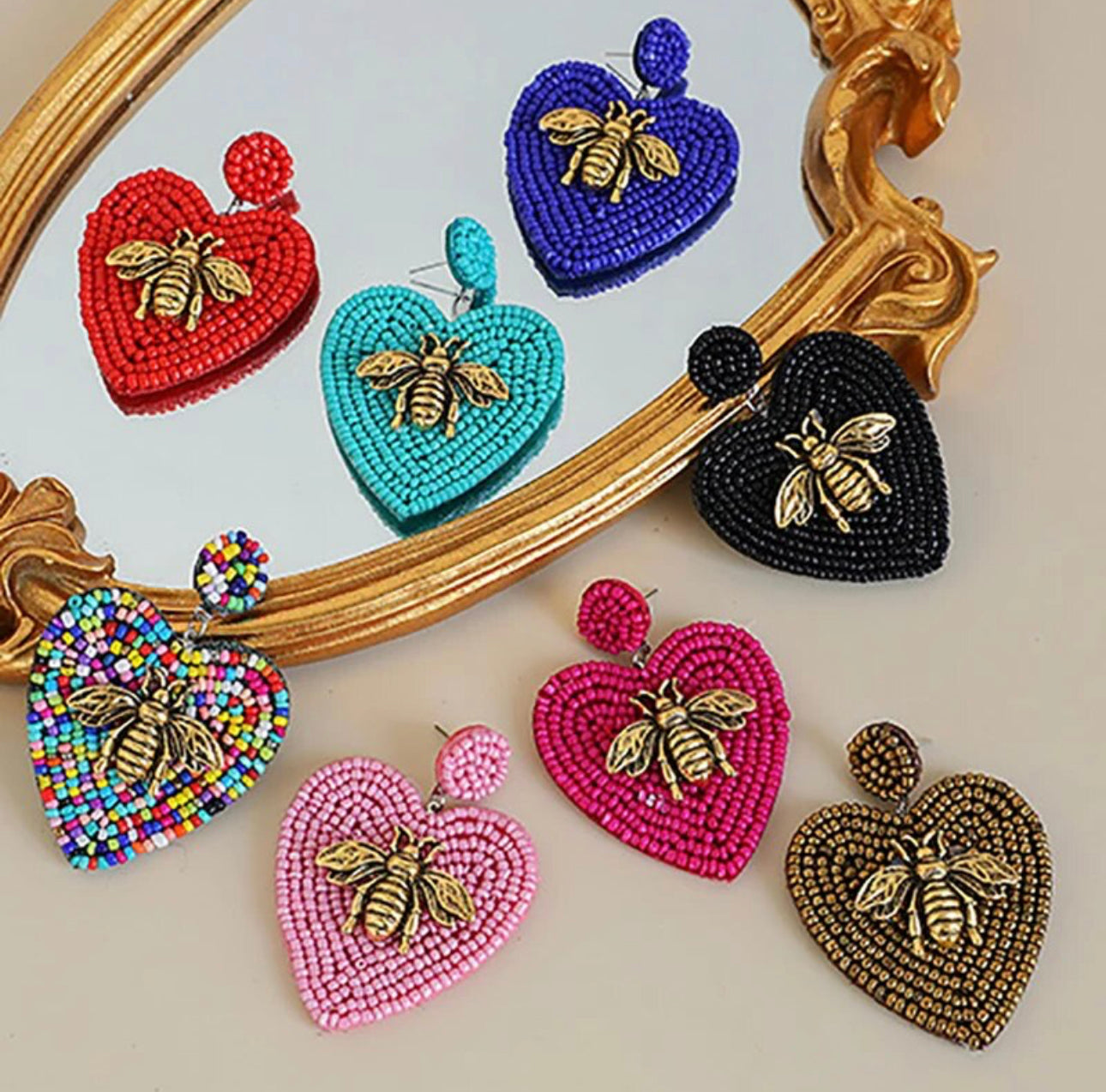 Beaded Heart Earrings with a Golden Bee