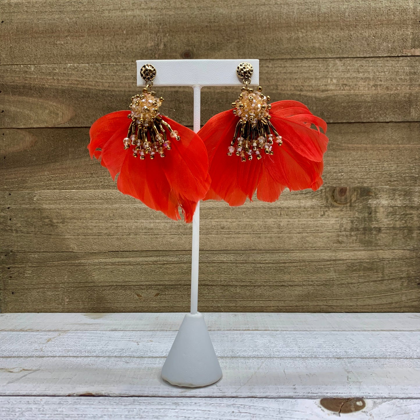 Crystal Dangle Floral Gold Beaded with Red Feather Earrings 240-2 | Erika Williner Designs