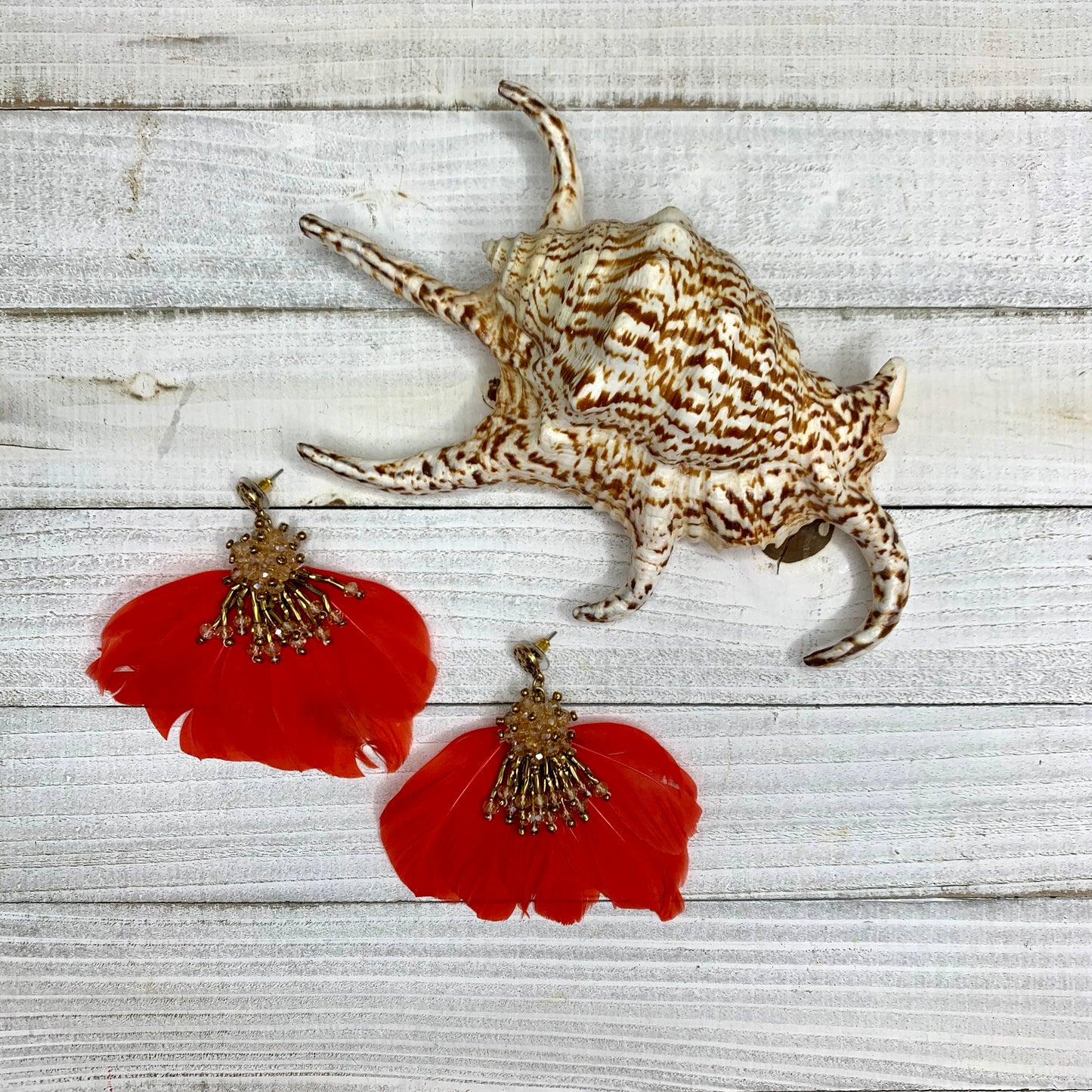 Crystal Dangle Floral Gold Beaded with Red Feather Earrings 240-2 | Erika Williner Designs