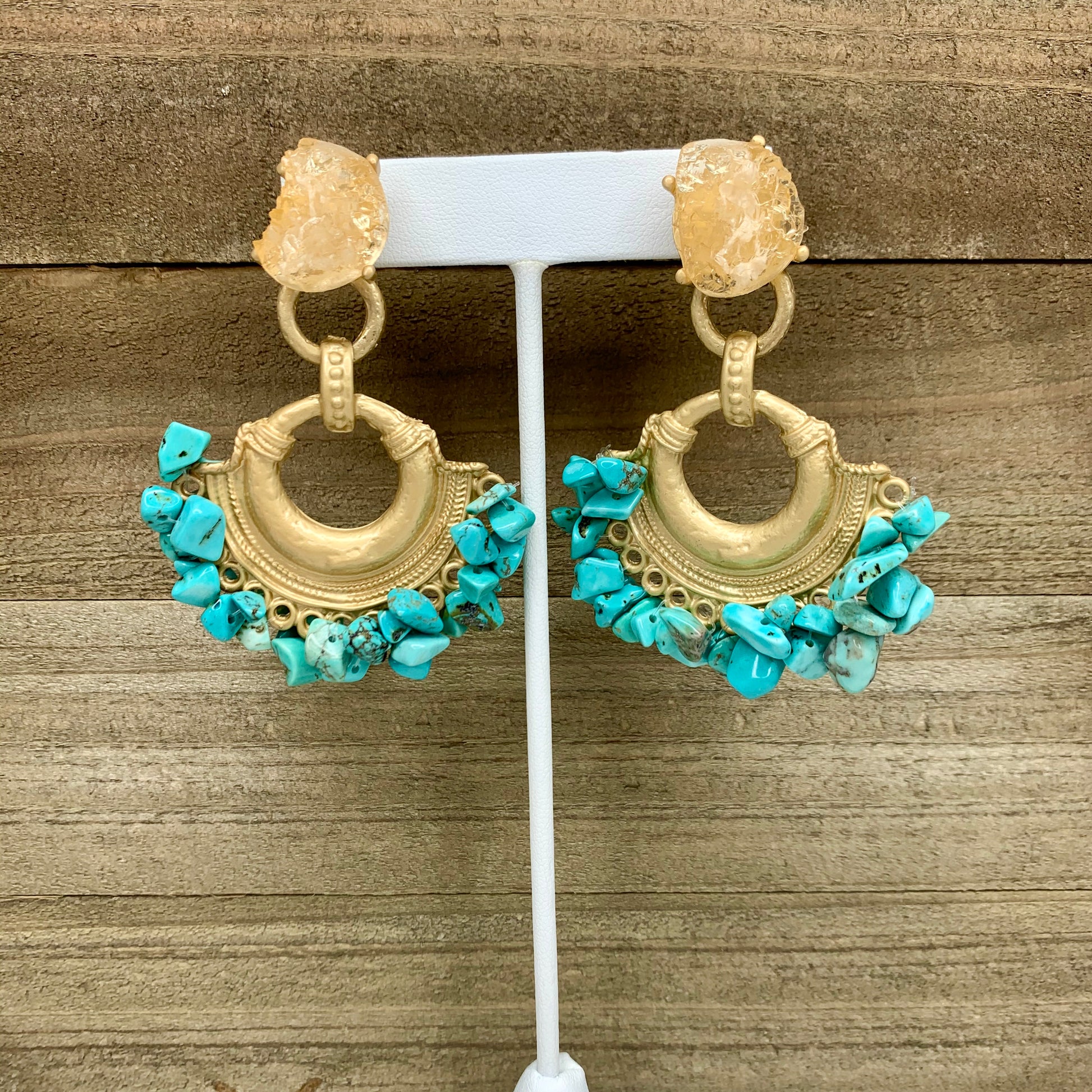 Based Metad Plated Earrings with Turquoise Gemstones Chips