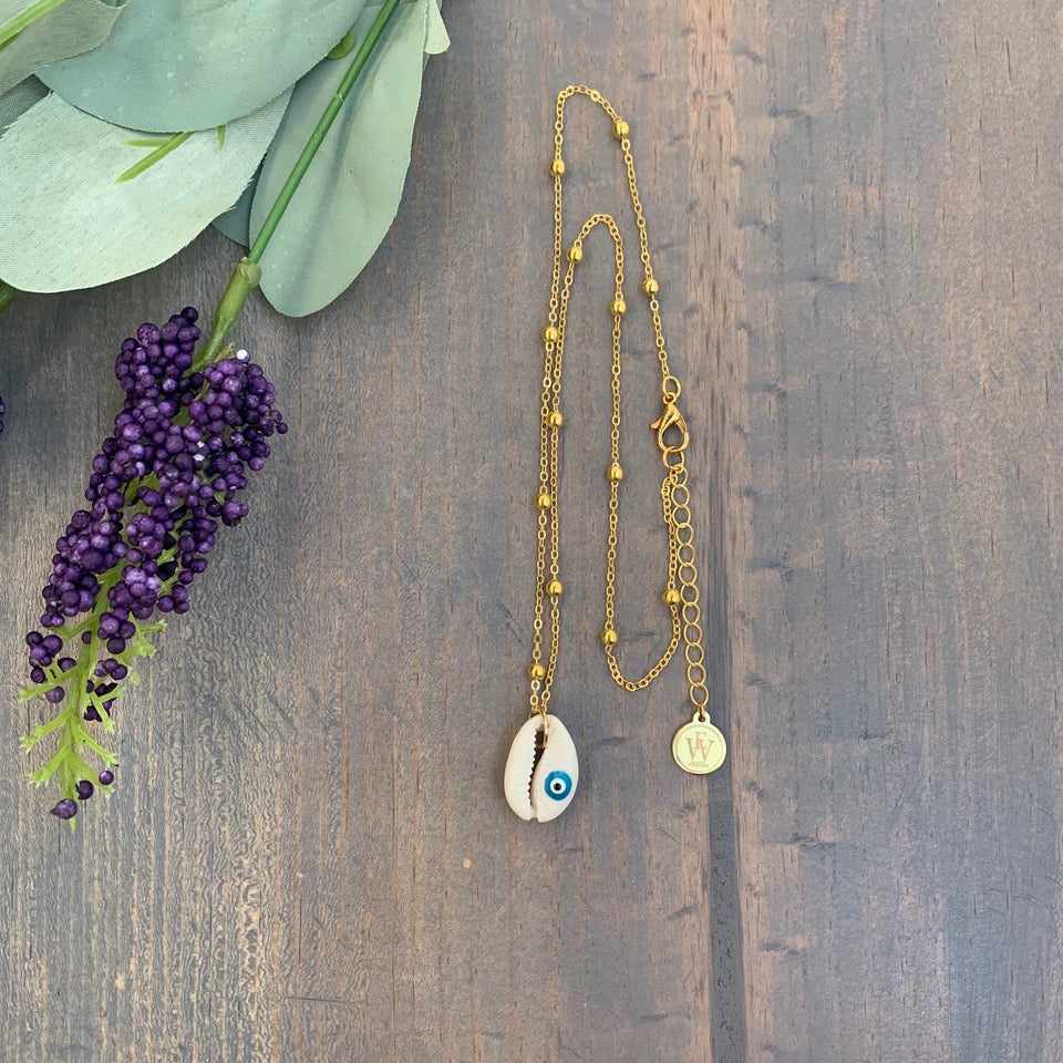 Gold Plated Chain with Cowry Shell and Evil Eye Pendant