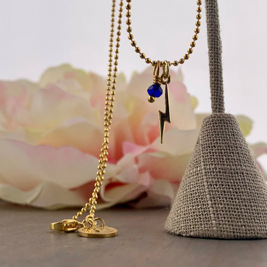 Gold Chain Necklace with Dainty Gold Bolt Pendant and Sparkly Blue Crystal