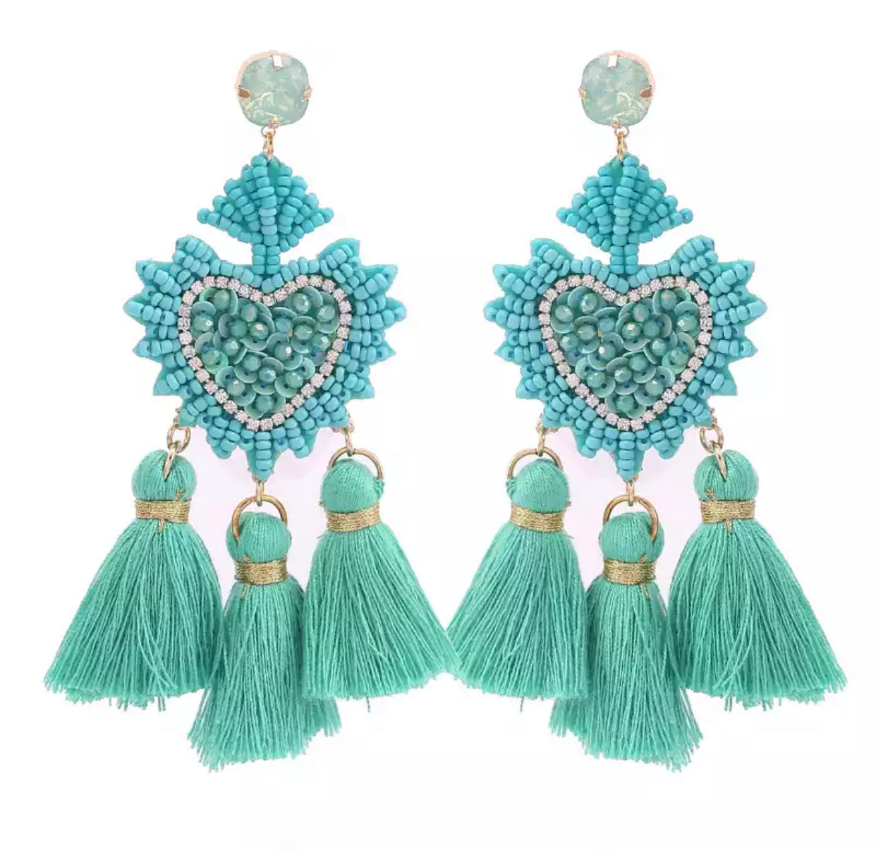 turquoise Tassels with beaded heart