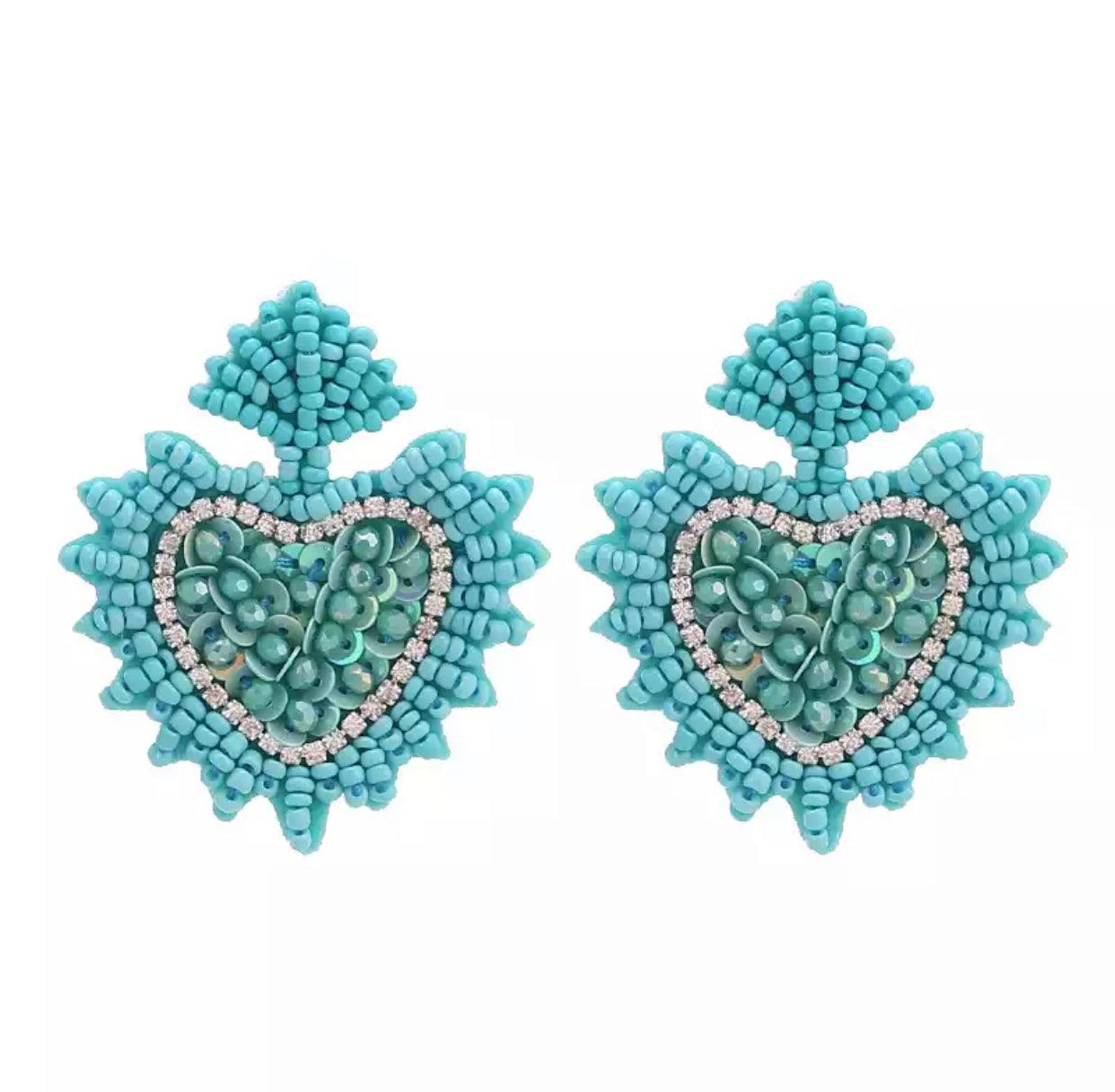 Hand beaded turquoise heart earrings