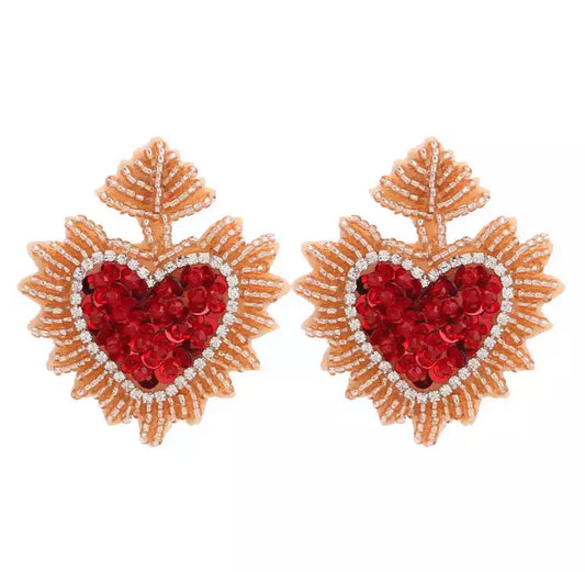 Hand beaded red heart earrings