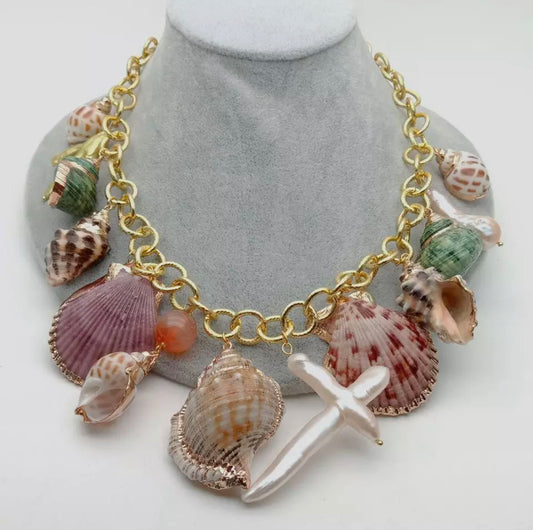 Gold Plated Necklace with different Sea Shells as Pendants