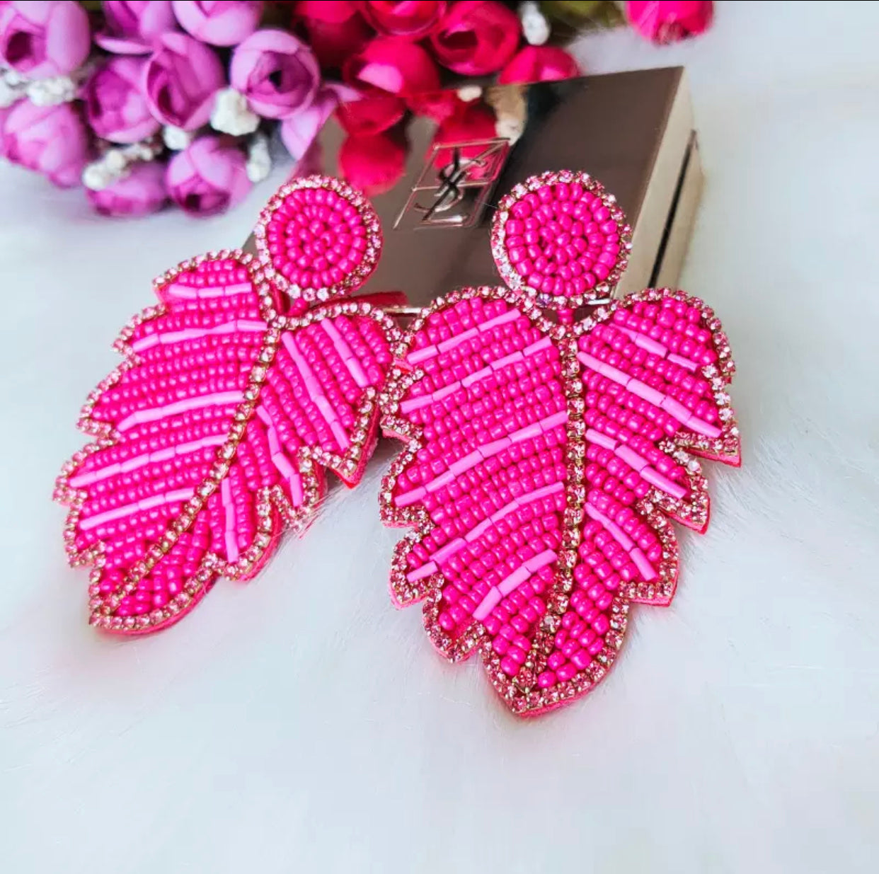 Hand Beaded Hot Pink Palm Leaf Earrings
