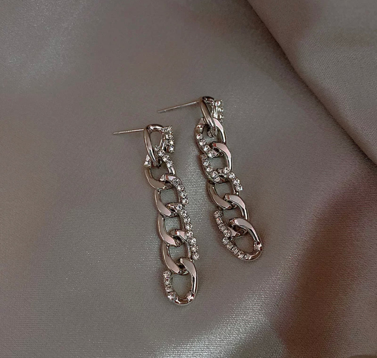 Silver Cuban Link Chain with CZ Embellishment Earrings