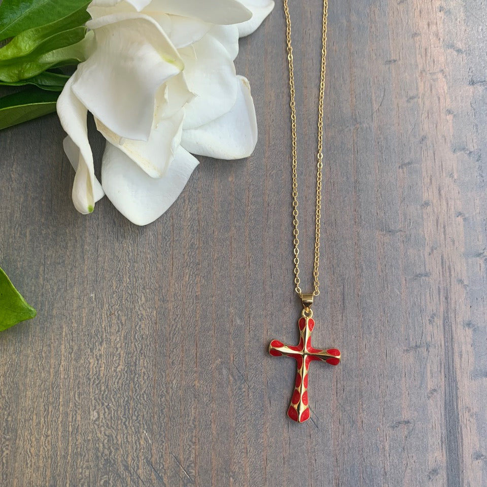 Gold Plated Chain with Red Enamel Cross Pendant