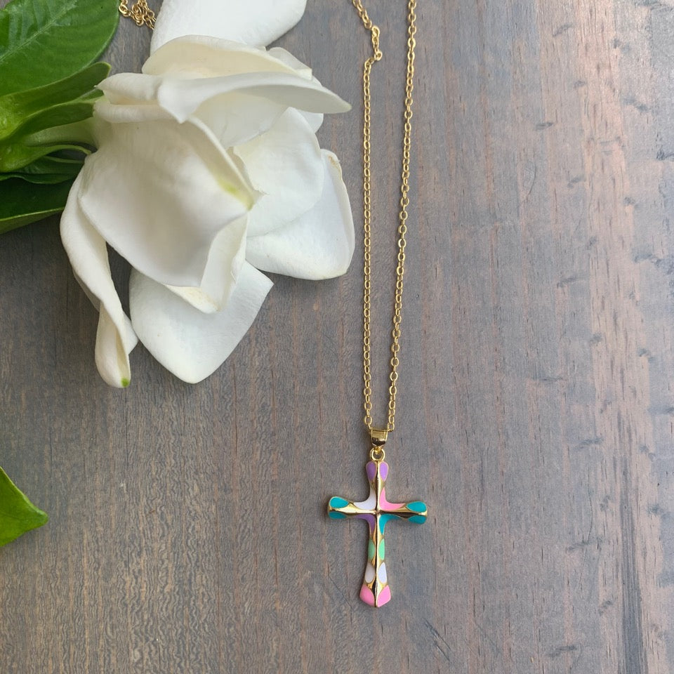 Gold Plated Chain with Multicolor Enamel Cross Pendant