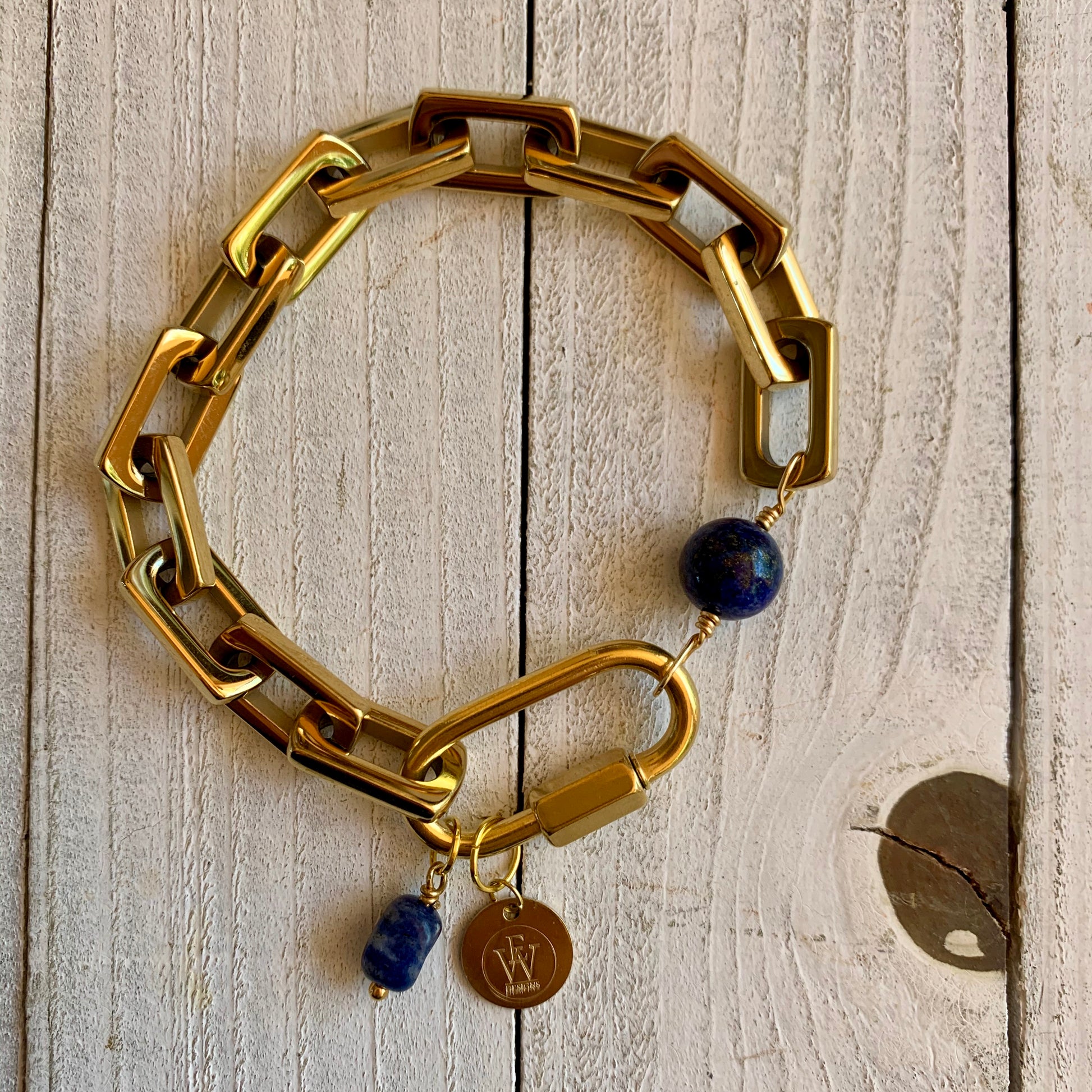 18k Gold Plated Chain Link Bracelet with Lapis Lazuli beads