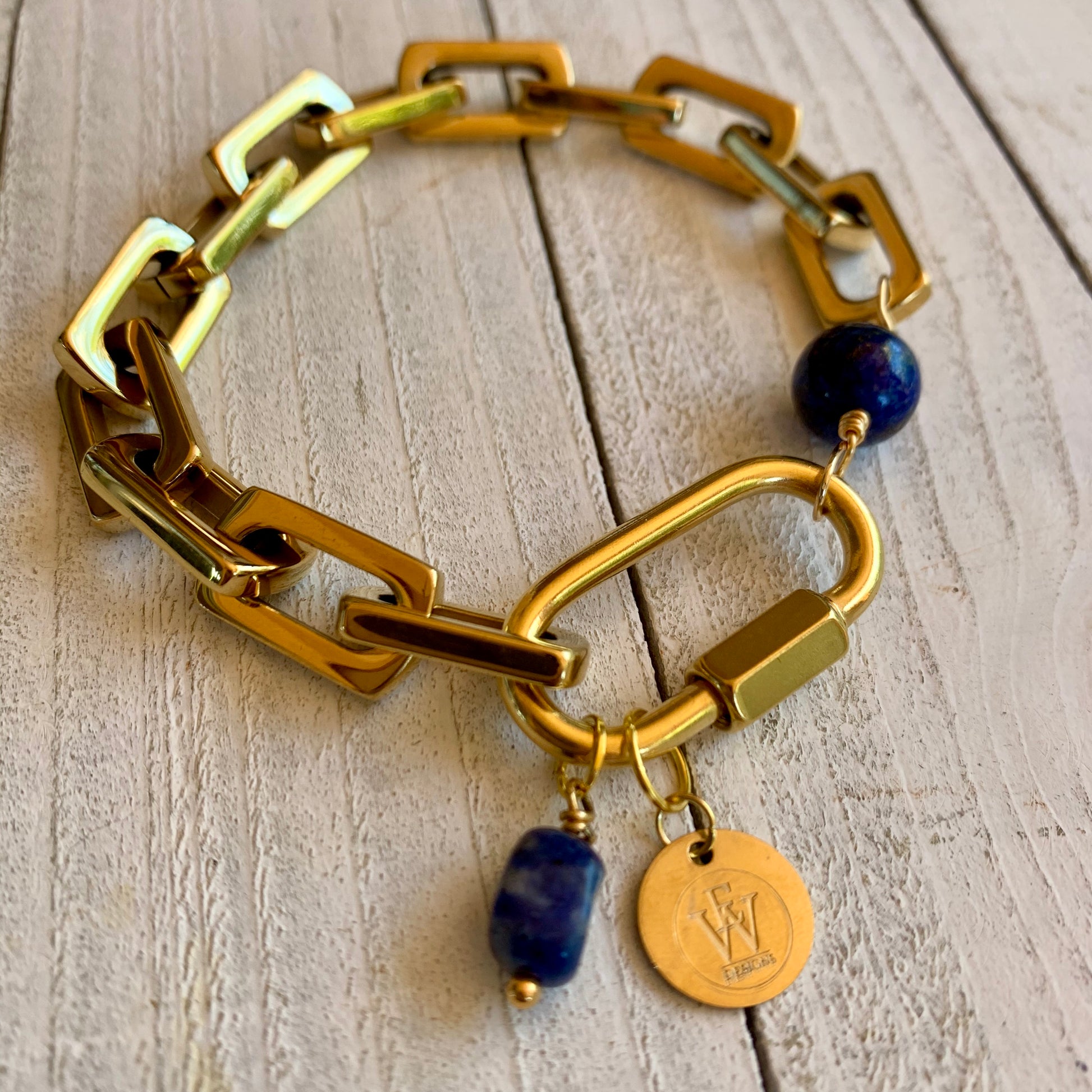 18k Gold Plated Chain Link Bracelet featuring Lapis Lazuli beads