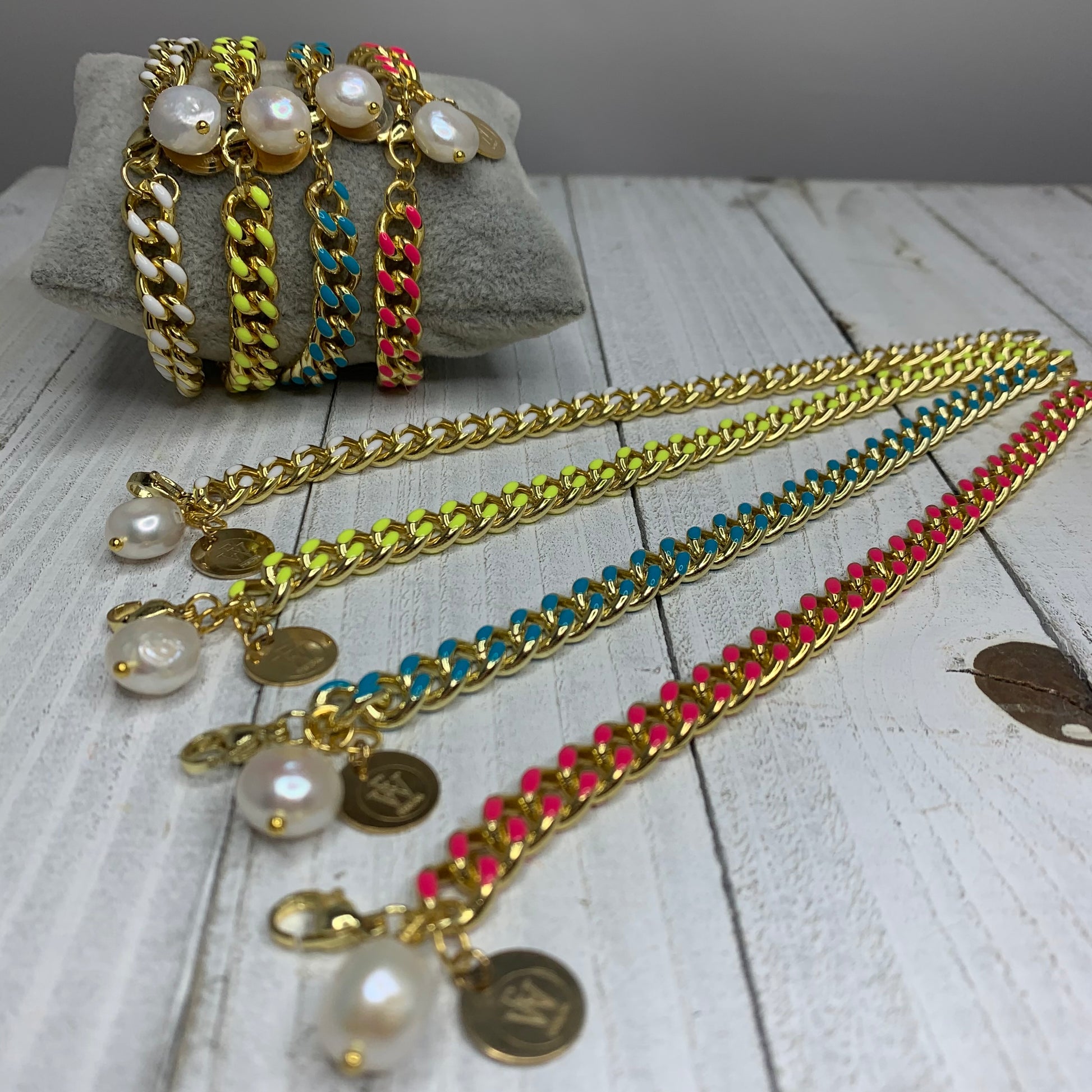 14k gold plated chain with neon enamel embellishments and fresh water pearl bracelet