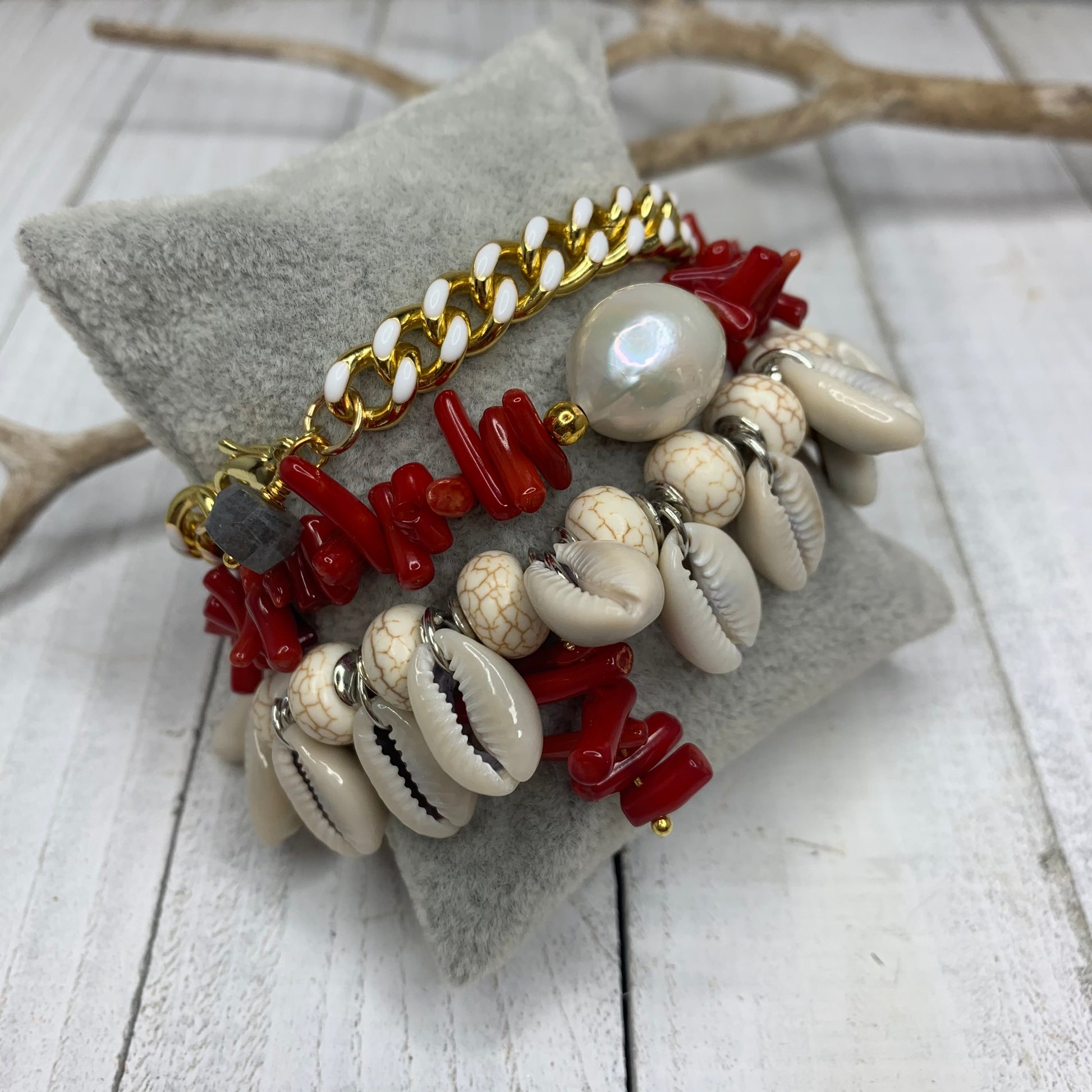 Natural Cowry Shells with Vibrant Coral Accents