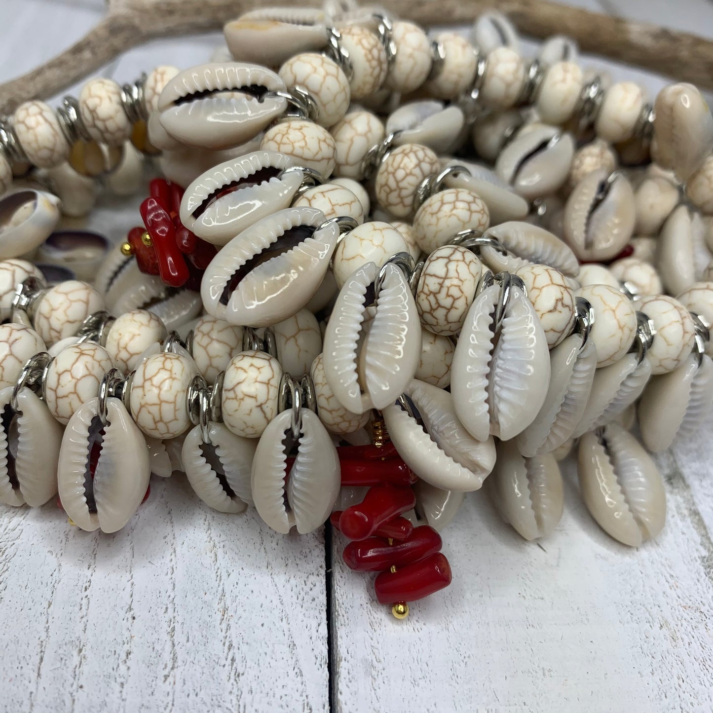 Natural and Real Cowry Shells with Coral Accents