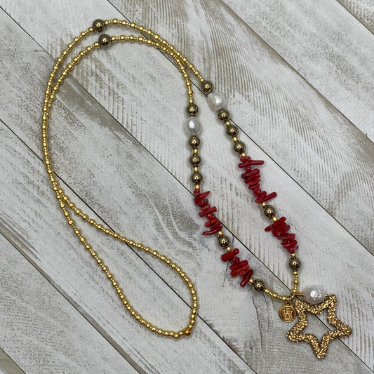  Glass Seed Beads Combined with Coral Chips, Fresh Water Pearl, Electroplated Hematite beads Necklace and a Star Pendant