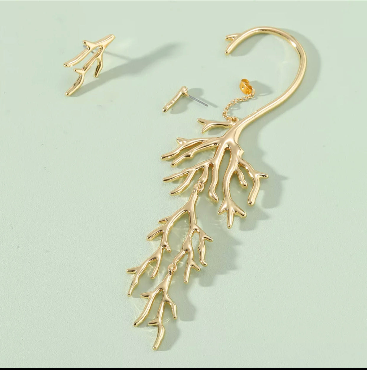 Gold Plated Coral Shape Ear Cuff and Coral Branch Earring