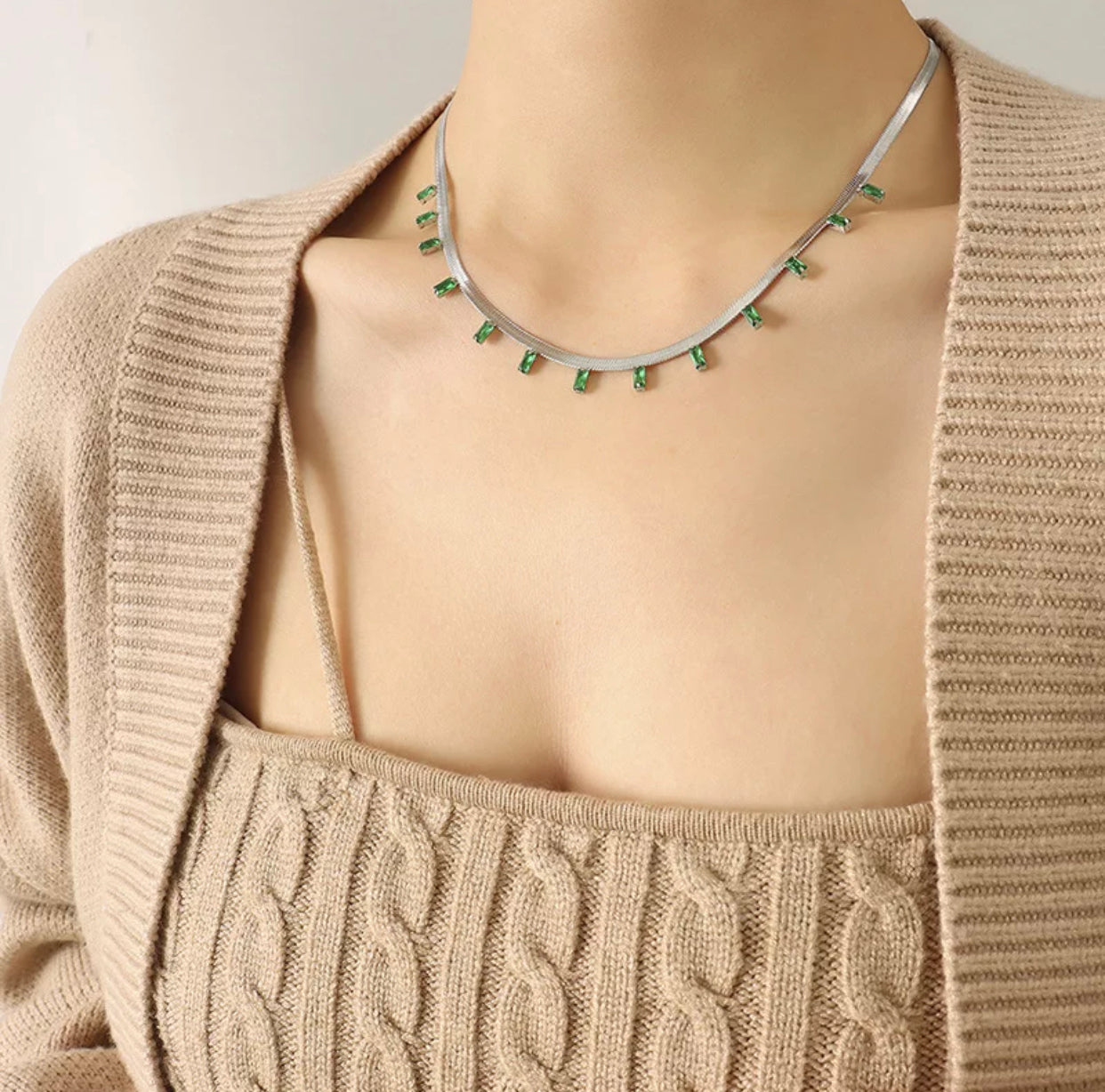 Silver Green Dainty Herring Bone Chain Link with CZ