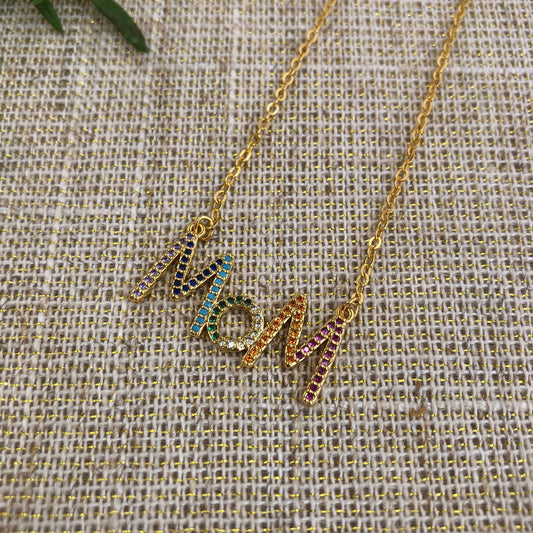 Golden Chain with a multicolor cz pave embellished Mom necklace