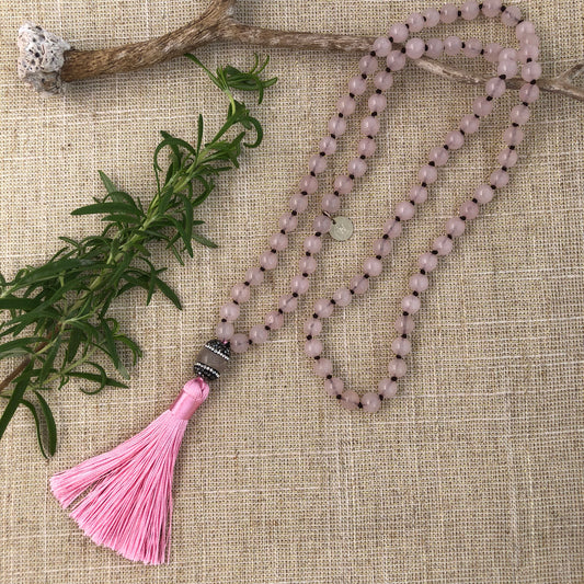 Hand Knotted Rose Quartz Necklace it has an Embellished Beads and Silk Tassel