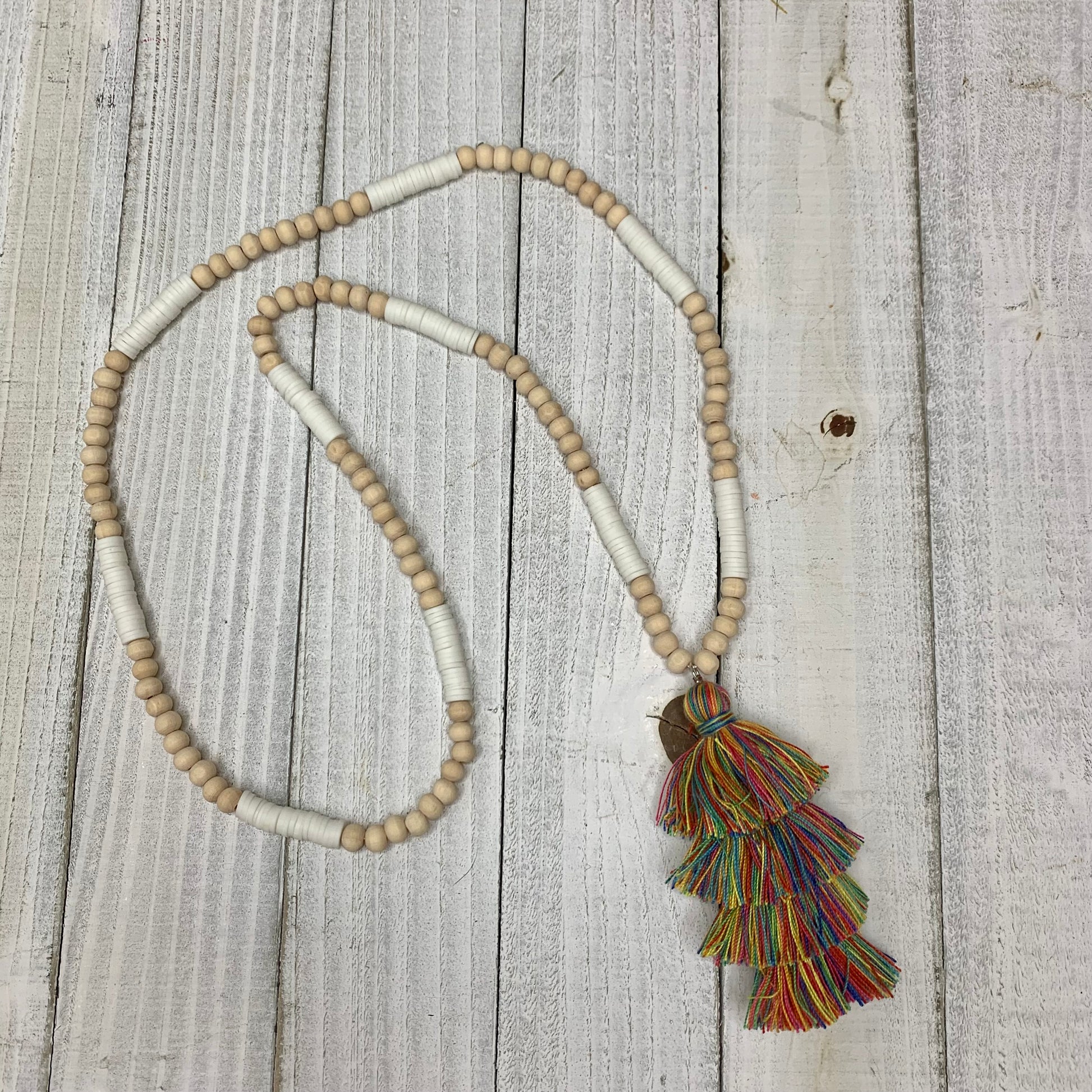 Wooden Round Beads, White Doughnut Beads with a Colorful Cotton Tassel Necklace
