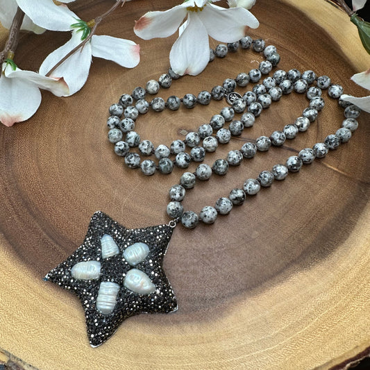 Hand Knotted Jasper Beads with Pave Embellished Star Pendant and Fresh Water Pearls