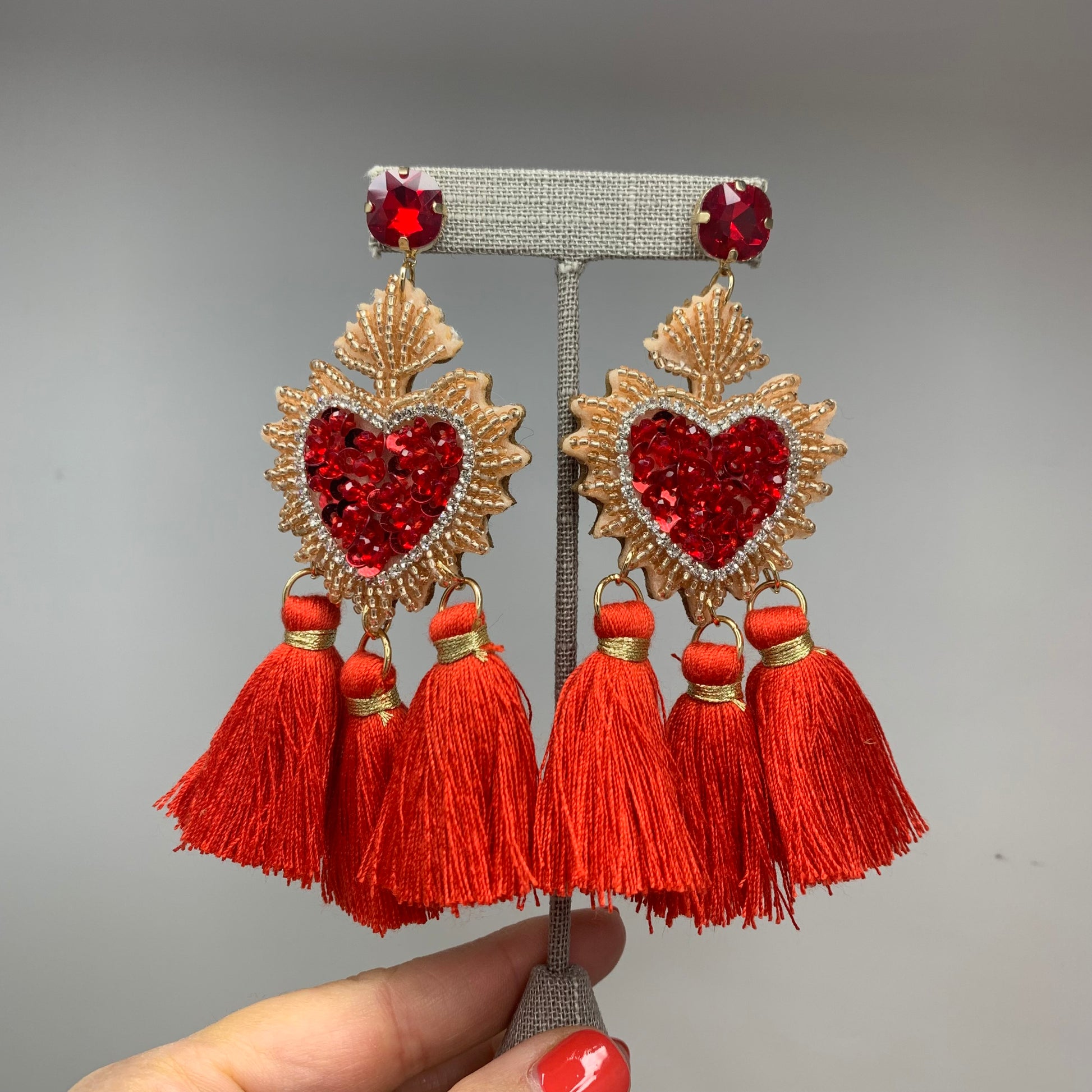 alternate view of red heart earrings