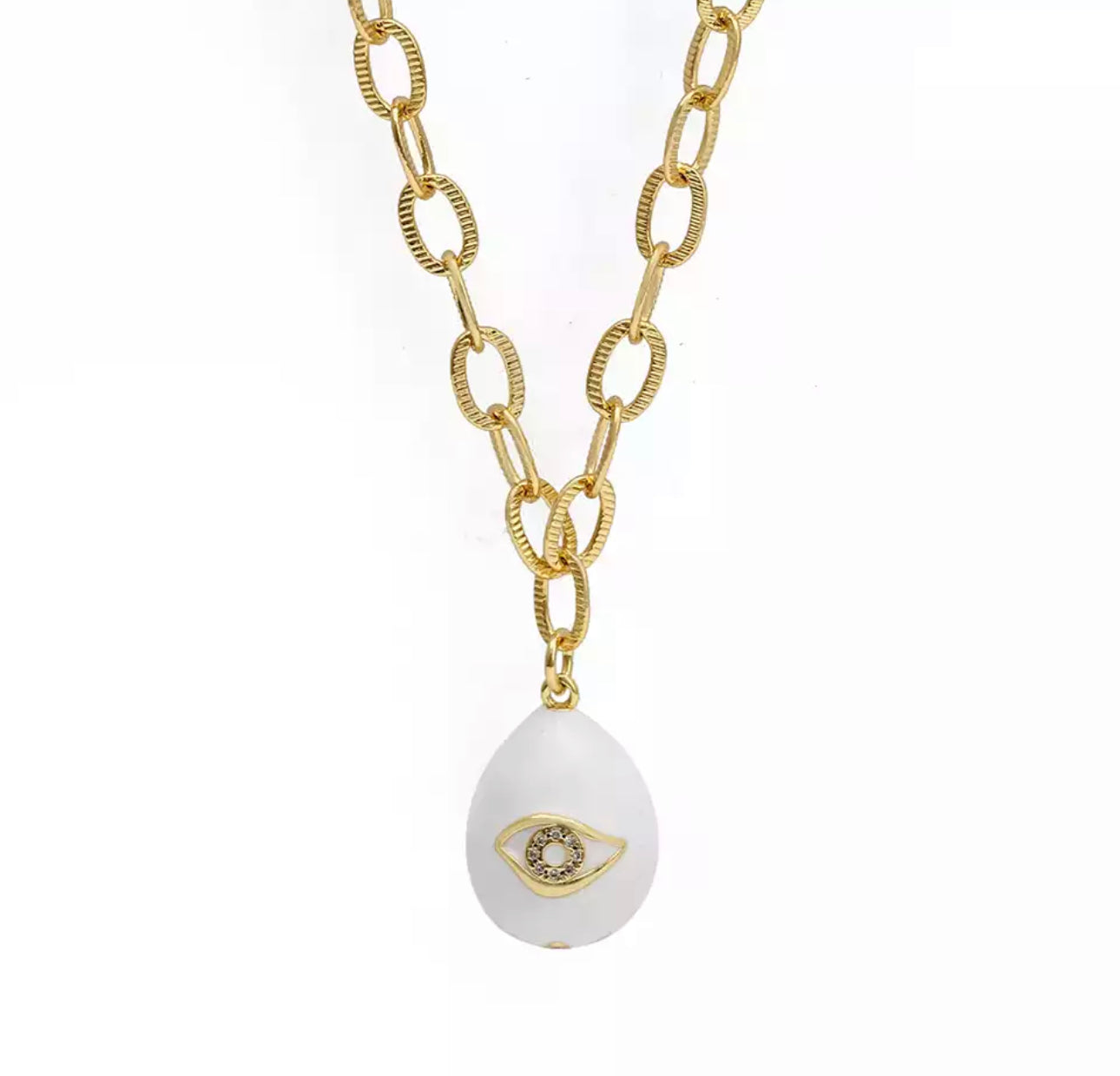 chain link with white evil eye pendant