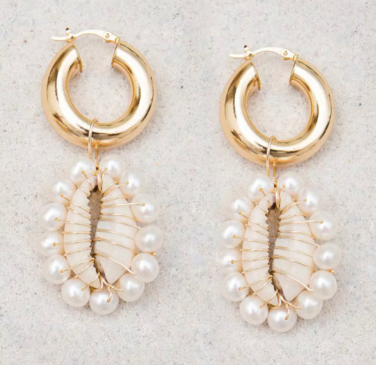 Gold plated earrings with cowry shells and fresh water pearls